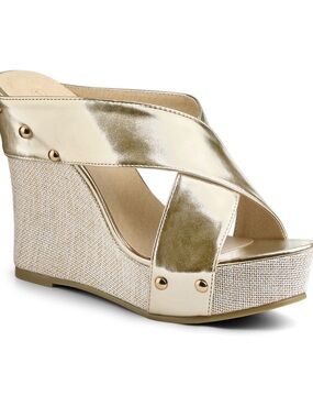 Women's Gold Metallic Crisscross Wedge Sandals US 8.5 New